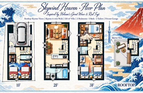 Oshiage Villa | Skywind Heaven Hokusai Ukiyoe Villa, Skytree Rooftop View, 6 Min Walk, 110sqm, 3BR 5 Beds, Free Parking